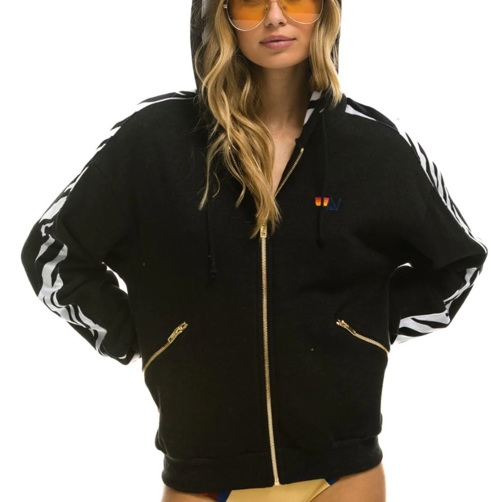 Aviator Nation Black + White Tiger Striped Hoodie XL